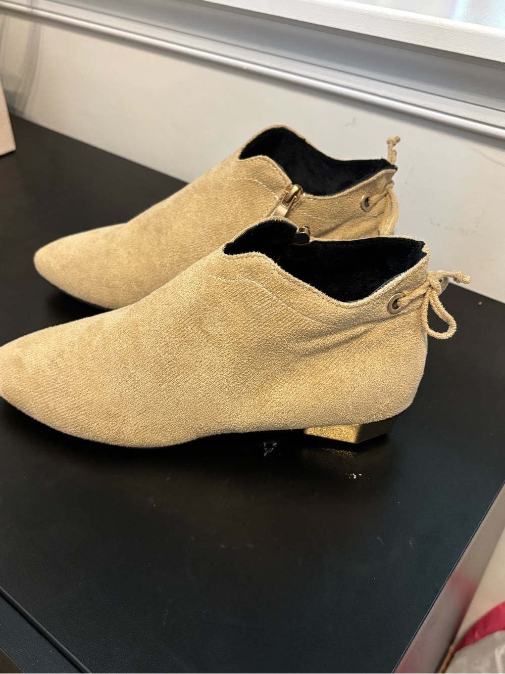 Women's Tan Suede Ankle Booties with Back Tie Detail